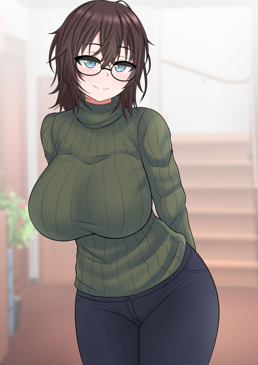 1girl absurdres aqua_eyes breasts brown_hair getsuyoubi_no_tawawa glasses highres large_breasts looking_at_viewer messy_hair ribbed_sweater rikei-chan_(tawawa) short_hair smile sweater the_only_shoe turtleneck turtleneck_sweater