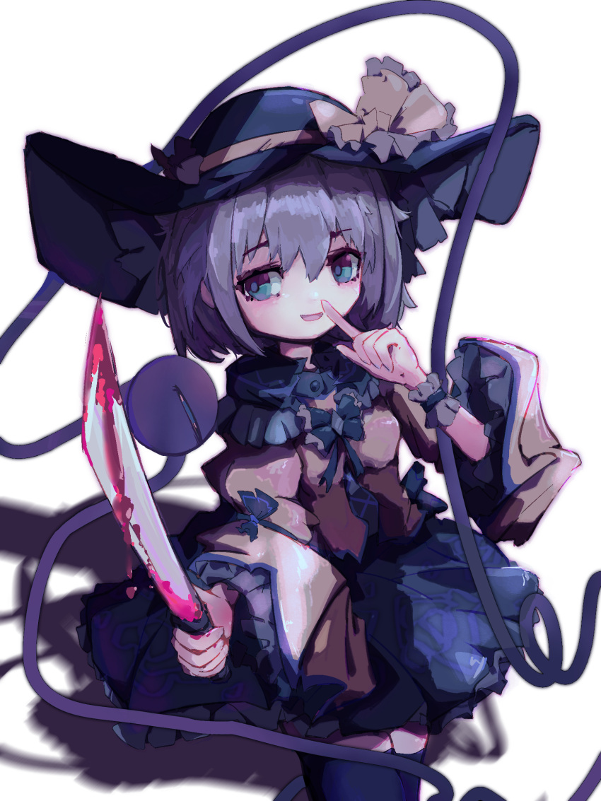 1girl bangs black_legwear blood blood_on_knife blue_eyes blush commentary_request eyebrows_visible_through_hair finger_to_mouth grey_hair hair_between_eyes hat hatut highres holding holding_knife knife komeiji_koishi looking_at_viewer open_mouth short_hair simple_background smile solo thigh-highs third_eye touhou white_background wide_sleeves