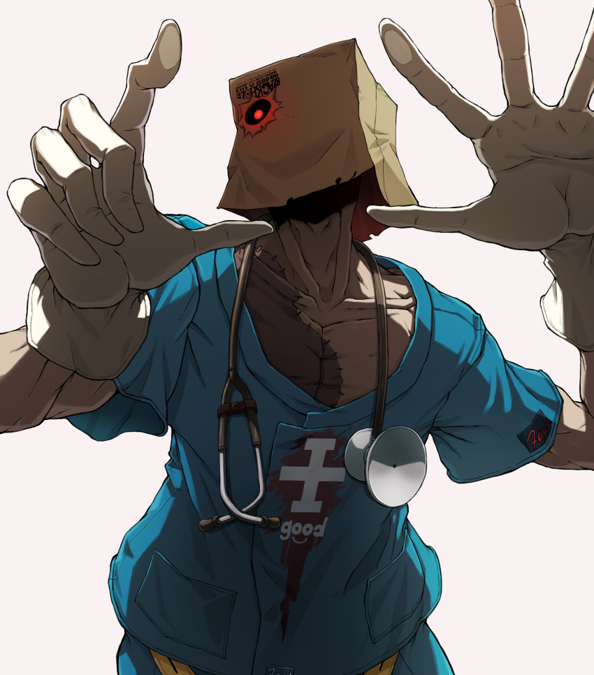 1boy absurdres against_fourth_wall bag bag_over_head blue_shirt cleanerjay collarbone commentary doctor faust_(guilty_gear) gloves glowing glowing_eye guilty_gear guilty_gear_strive highres looking_at_viewer male_focus paper_bag red_eyes shirt short_sleeves simple_background solo stethoscope stitches upper_body white_background white_gloves