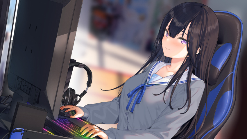 1girl black_hair blue_ribbon blurry blurry_background blush breasts chair closed_mouth collarbone commentary_request depth_of_field eyebrows_behind_hair gaming_chair headphones highres indoors itohana keyboard_(computer) large_breasts long_hair long_sleeves looking_at_viewer monitor neck_ribbon nintendo_switch original ribbon sailor_collar school_uniform sitting smile solo upper_body violet_eyes white_sailor_collar