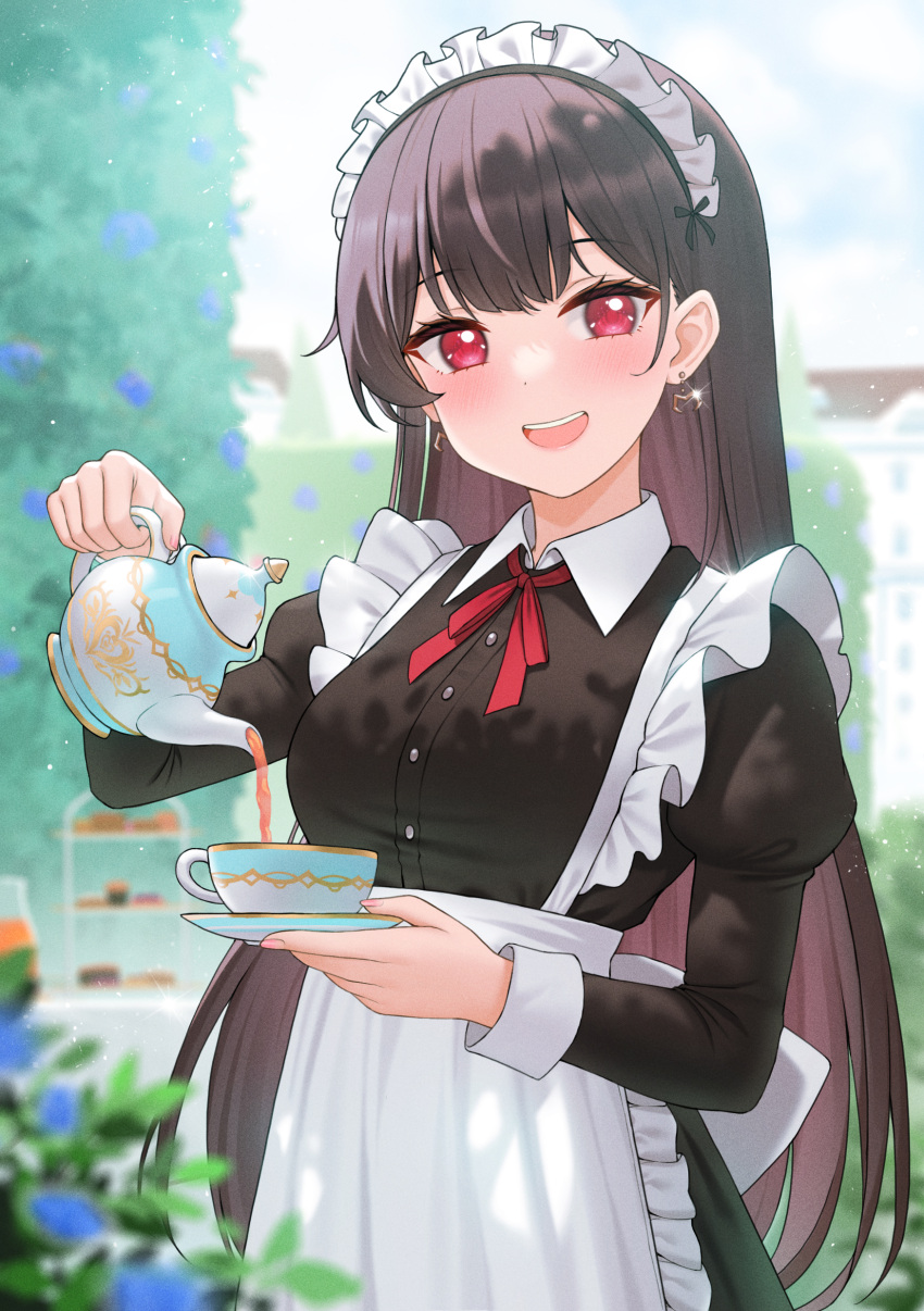 1girl absurdres apron bangs black_dress blurry blush breasts cup depth_of_field dress earrings eyebrows_visible_through_hair fukuro_ko_(greentea) highres jewelry large_breasts long_hair long_sleeves looking_at_viewer maid_headdress original outdoors parted_lips pouring red_eyes smile solo teacup teapot white_apron white_headwear