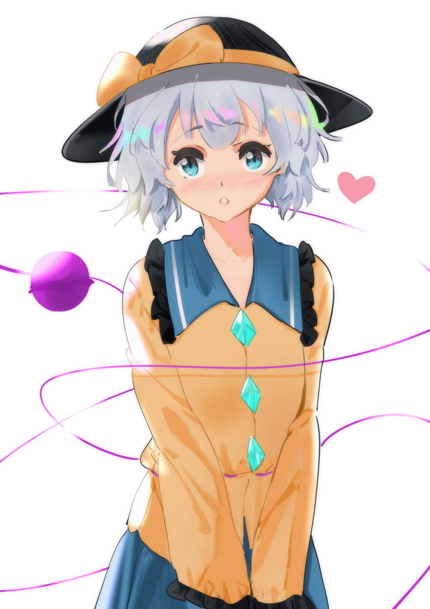 1girl absurdres bangs blue_eyes blush bow eyebrows_visible_through_hair hat hat_bow heart highres komeiji_koishi liangsos light_green_hair looking_at_viewer nose_blush parted_lips shirt short_hair simple_background solo third_eye touhou v_arms white_background yellow_shirt