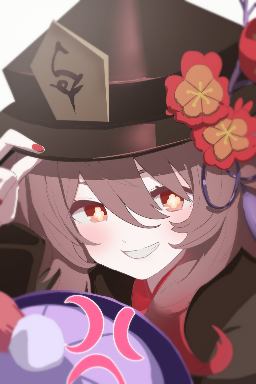 2girls absurdres anger_vein angry bannouyakunta black_headwear blush brown_hair face flower genshin_impact gradient_hair hat hat_flower hat_tip highres hu_tao_(genshin_impact) jiangshi looking_at_viewer multicolored_hair multiple_girls nail_polish out_of_frame plum_blossoms qiqi_(genshin_impact) red_eyes redhead smile symbol-shaped_pupils top_hat two-tone_hair