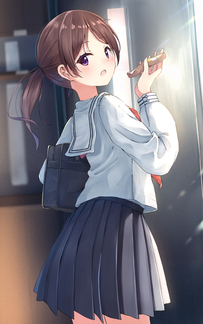 1girl bag black_skirt brown_hair commentary_request enuni food fried_egg from_behind hand_up highres holding holding_food long_hair long_sleeves looking_at_viewer looking_back neckerchief open_mouth original pleated_skirt ponytail red_neckwear sailor_collar school_bag school_uniform serafuku shirt skirt solo toast violet_eyes white_sailor_collar white_shirt