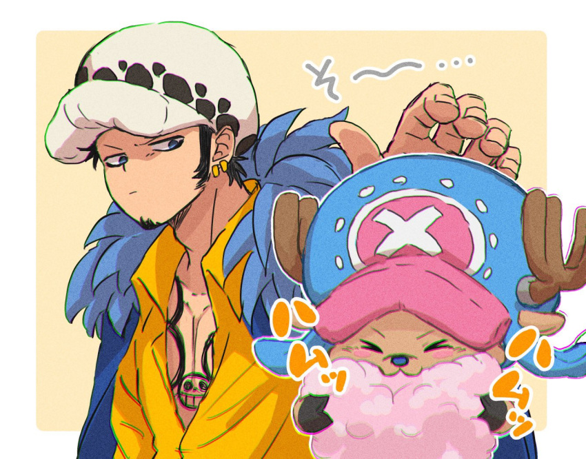 >_< 2boys antlers antlers_through_headwear black_hair blue_cape blue_hat blush blush_stickers border cape chest_tattoo closed_eyes closed_mouth collarbone collared_shirt commentary_request cotton_candy earrings eating facial_hair food fur-trimmed_cape fur_hat fur_trim goatee grey_eyes hand_up hat holding holding_food horns jewelry koma_heron looking_at_another male_focus multicolored_hat multiple_boys one_piece open_clothes open_shirt outside_border pectoral_cleavage pectorals pink_hat reindeer reindeer_antlers shirt short_hair sideburns simple_background tattoo tony_tony_chopper trafalgar_law upper_body white_border white_hat wing_collar yellow_background yellow_shirt