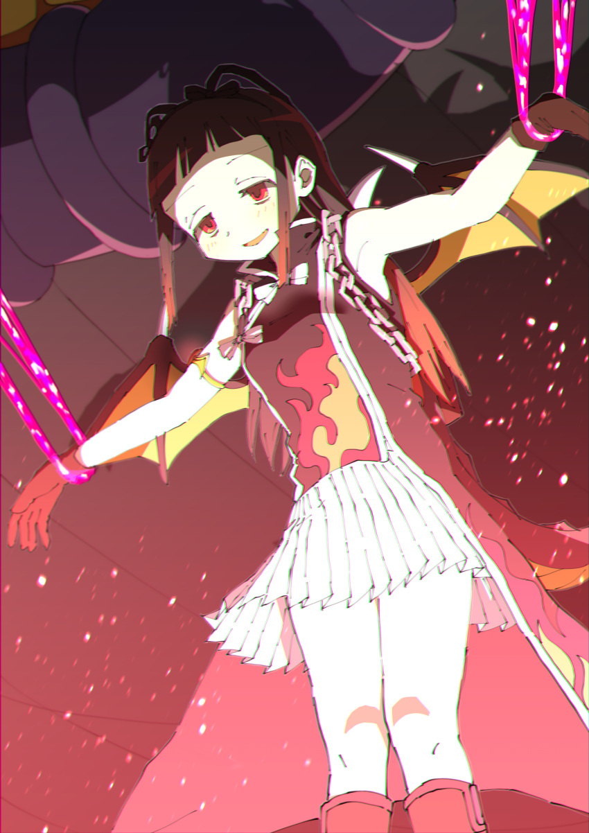 1girl absurdres black_hair chain daifuku_(suxw8452) doppel_(madoka_magica) dragon_wings empty_eyes fire flame_print gloves hair_ornament highres magia_record:_mahou_shoujo_madoka_magica_gaiden magical_girl mahou_shoujo_madoka_magica miniskirt multicolored_hair ouba_juri outstretched_arms red_eyes redhead skirt sleeveless smile solo wings