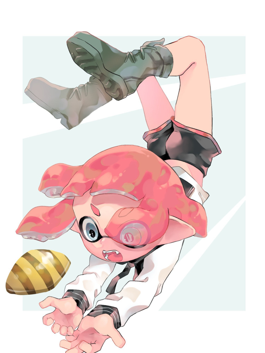1girl bangs black_shorts border catching falling fangs from_above full_body grey_background grey_eyes grey_footwear highres inkling legs_up long_sleeves lying open_mouth pink_hair plum0o0 pointy_ears sailor_collar school_uniform seashell shell shirt shoes short_hair short_shorts shorts simple_background splatoon_(series) v-shaped_eyebrows white_background white_border white_shirt