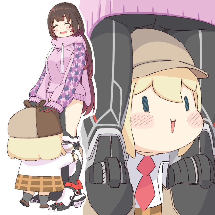 2girls :&gt; android blonde_hair blush brown_hair closed_eyes commentary deerstalker drawstring gloves hands_on_another's_head hat highres hololive hololive_english long_hair mechanical_legs multiple_girls necktie roboco-san short_hair standing tataki_tuna virtual_youtuber watson_amelia yuri