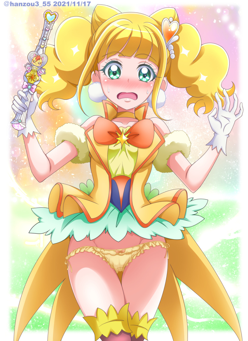 1girl arm_scrunchie bangs blonde_hair blunt_bangs blush bow bow_panties bowtie choker collarbone cowboy_shot cure_sparkle earrings embarrassed eyebrows_visible_through_hair gloves green_eyes hair_cones hanzou healin'_good_precure highres holding jewelry long_hair looking_at_viewer lowleg lowleg_panties open_mouth orange_bow orange_bowtie panties precure shiny shiny_hair side-tie_panties solo standing thigh_gap twintails underwear wavy_mouth white_gloves yellow_choker yellow_panties
