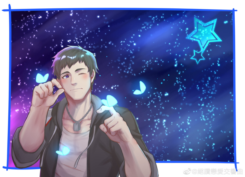 1boy absurdres blue_butterfly blush brown_hair bug butterfly dog_tags glowing_butterfly gou_mangwu highres idolmaster idolmaster_side-m jewelry male_focus necklace one_eye_closed shingen_seiji short_hair sky solo star_(sky) starry_background starry_sky upper_body weibo_logo weibo_username