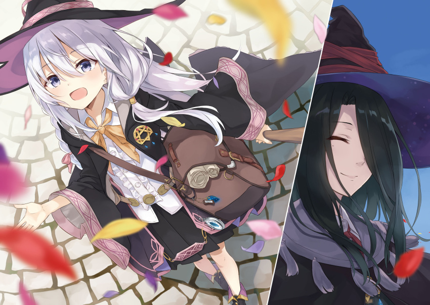2girls :d absurdres azuuru bag bare_legs black_coat black_footwear black_hair black_headwear black_skirt blue_eyes blush bow braid broom brown_bag closed_eyes coat collared_shirt day elaina_(majo_no_tabitabi) eyebrows_visible_through_hair flower fran_(majo_no_tabitabi) hair_between_eyes hair_bow hair_over_one_eye hat highres holding holding_broom long_hair looking_at_viewer majo_no_tabitabi mole mole_under_eye multiple_girls neck_ribbon novel_illustration official_art open_mouth outdoors petals pink_bow pink_flower pink_lips purple_flower red_flower red_neckwear red_ribbon ribbon shirt silver_hair single_braid skirt smile textless walking white_shirt witch_hat yellow_flower yellow_neckwear yellow_ribbon