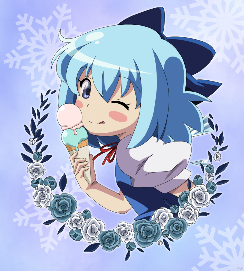 1girl bangs blue_background blue_bow blue_dress blue_eyes blue_flower blue_hair blue_rose blush bow bowtie breasts cirno closed_mouth collar collared_shirt dress eyebrows_visible_through_hair fairy flower food hair_between_eyes hand_up highres ice_cream leaf looking_at_viewer medium_breasts one_eye_closed puffy_short_sleeves puffy_sleeves red_bow red_bowtie remyfive rose shirt short_hair short_sleeves smile snowflakes solo tongue tongue_out touhou upper_body white_flower white_rose white_shirt white_sleeves