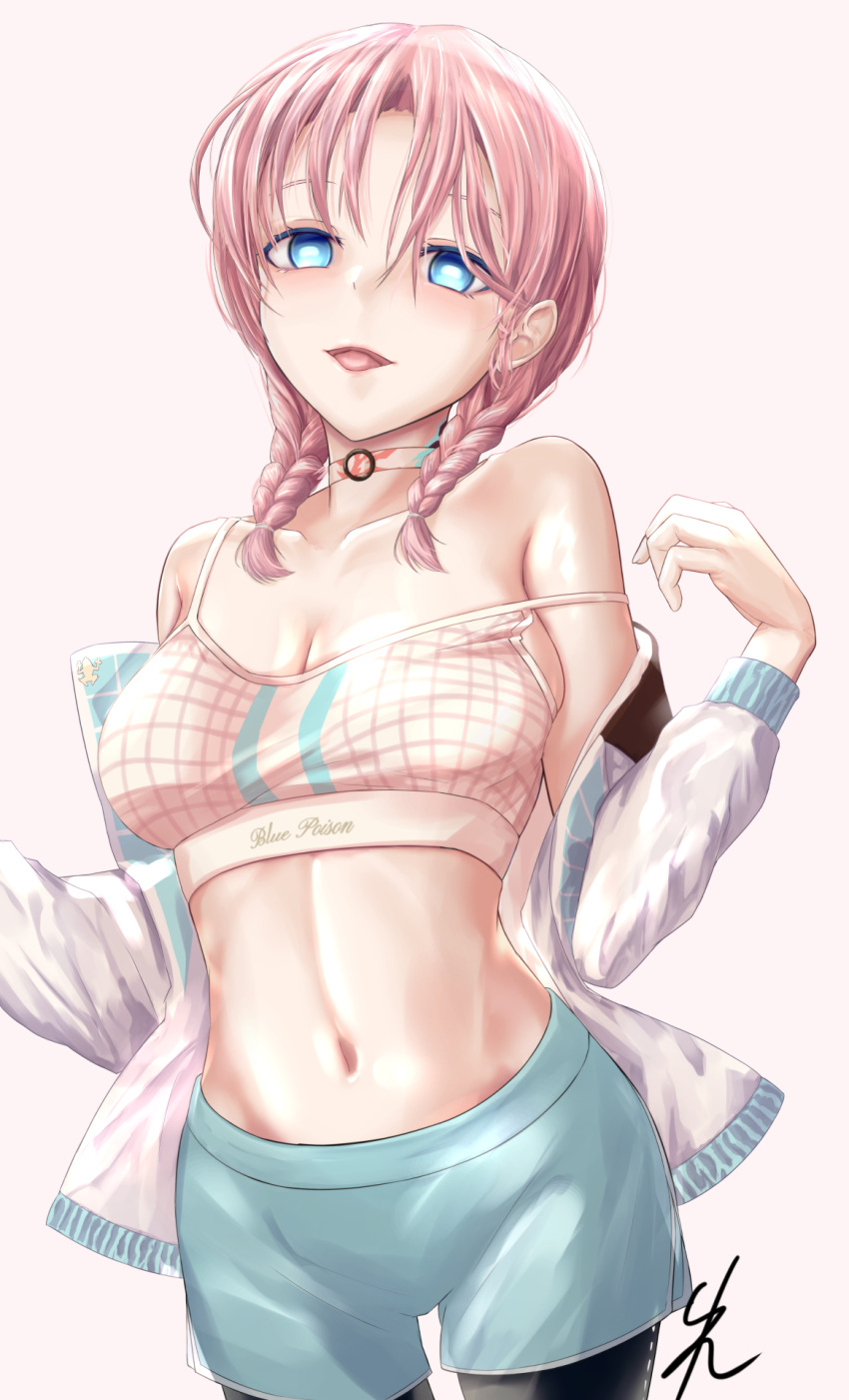 1girl :d arknights bangs bare_shoulders black_pants blue_eyes blue_poison_(arknights) blue_poison_(shoal_beat)_(arknights) blue_shorts braid breasts commentary_request cowboy_shot crop_top hazane_yure highres jacket leggings long_hair long_sleeves looking_at_viewer medium_breasts midriff navel off_shoulder open_clothes open_jacket pants pink_background pink_hair shorts simple_background smile solo spaghetti_strap sports_bra standing stomach strap_slip twin_braids white_jacket