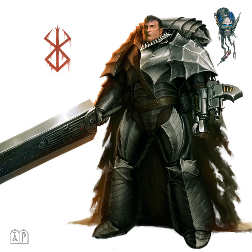 absurdres armor berserk black_hair closed_mouth coat coat_on_shoulders dark dragonslayer_(sword) emeraldforger grimdark guts_(berserk) highres long_sword mechanical_arms one_eye_closed power_armor puck_(berserk) robot scar scar_on_face short_hair single_mechanical_arm space_marine sword warhammer_40k weapon