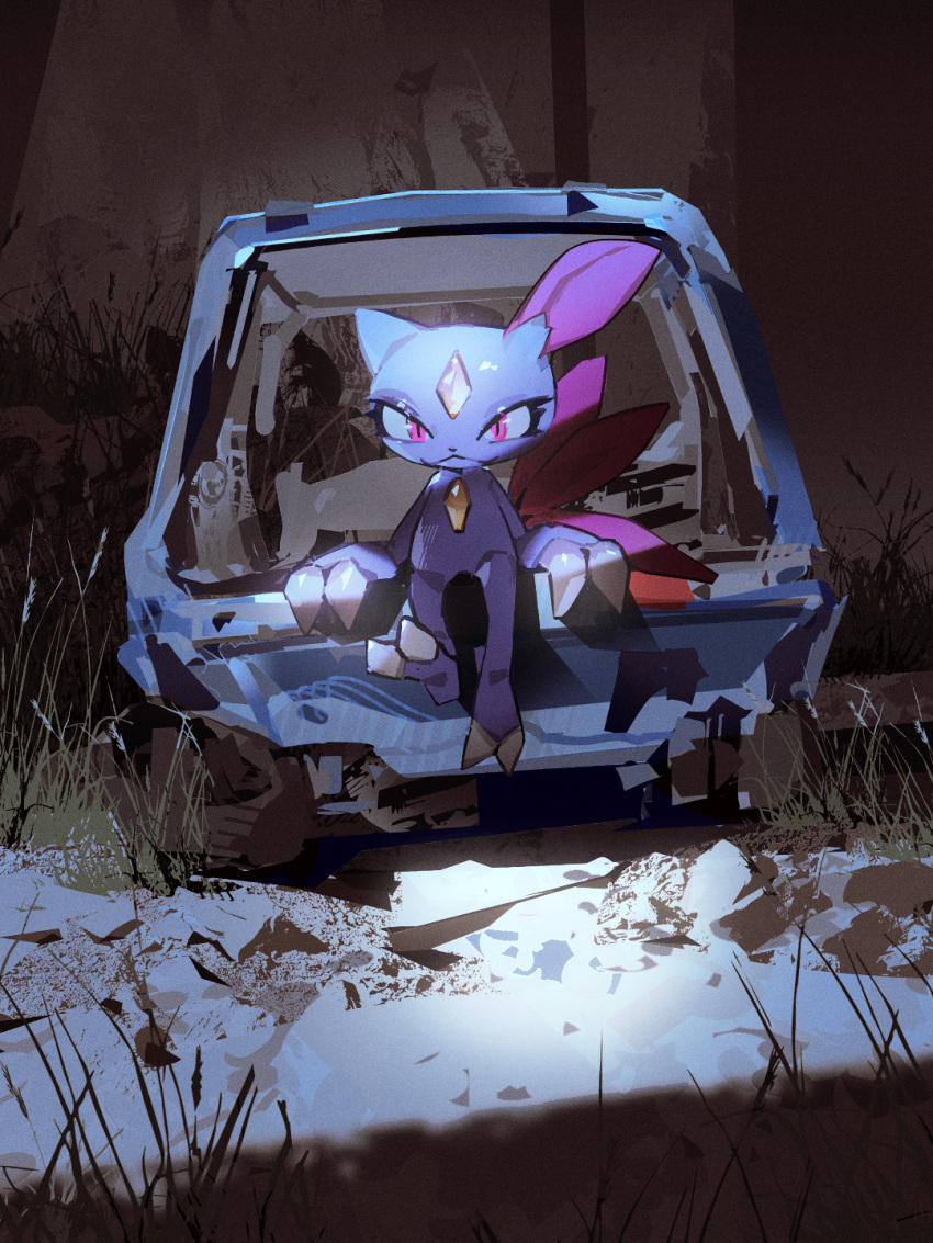 arm_support claws closed_mouth commentary_request highres looking_at_viewer matwvv night outdoors pink_eyes pokemon pokemon_(creature) sitting smile sneasel solo