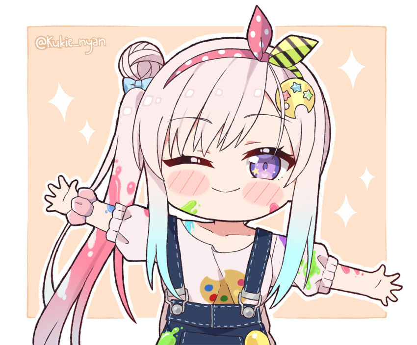 1girl airani_iofifteen bangs eyebrows_visible_through_hair gradient_hair hololive hololive_indonesia iofi kukie-nyan long_hair multicolored_hair one_eye_closed open_mouth palette_hair_ornament pink_hair side_ponytail smile violet_eyes virtual_youtuber