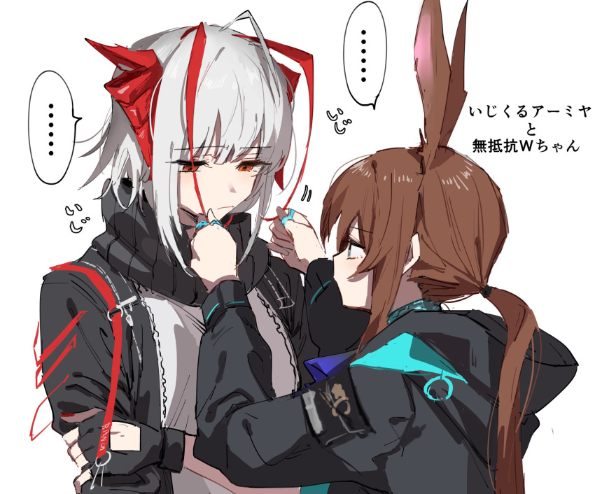 ... 2girls ahoge amiya_(arknights) animal_ears antenna_hair arknights black_gloves black_jacket black_scarf blue_eyes breasts brown_hair closed_mouth commentary demon_horns expressionless eyebrows_visible_through_hair fingerless_gloves gloves grey_shirt hair_between_eyes half_updo highres holding_another's_hair hood hooded_jacket horns jacket jewelry long_hair long_sleeves looking_down motion_lines multicolored_hair multiple_girls multiple_rings na_tarapisu153 nail_polish orange_eyes ponytail profile rabbit_ears red_nails redhead ring scarf shirt short_hair sidelocks silver_hair simple_background small_breasts sound_effects spoken_ellipsis streaked_hair translated two-tone_hair upper_body w_(arknights) white_background