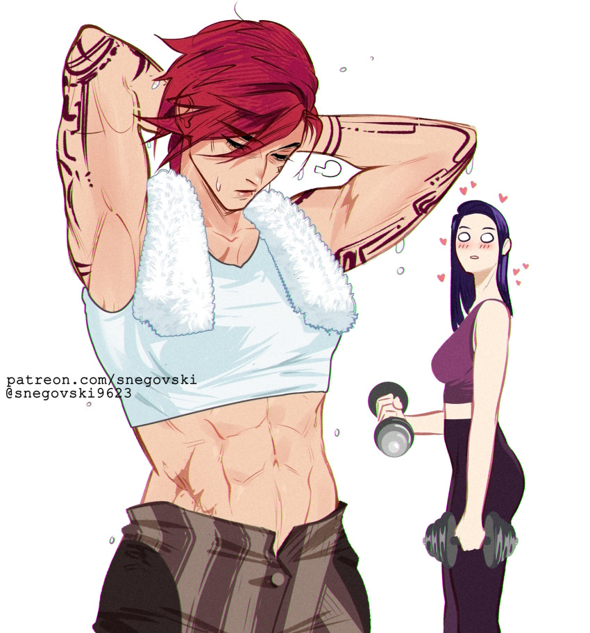 2girls abs arcane:_league_of_legends arm_tattoo armpits arms_up awestruck blush caitlyn_(league_of_legends) crop_top dumbbell heart highres league_of_legends multiple_girls navel o_o open_fly pants pink_hair purple_hair scar short_hair sleeveless snegovski stomach striped striped_pants sweat tattoo vi_(league_of_legends) weightlifting yuri