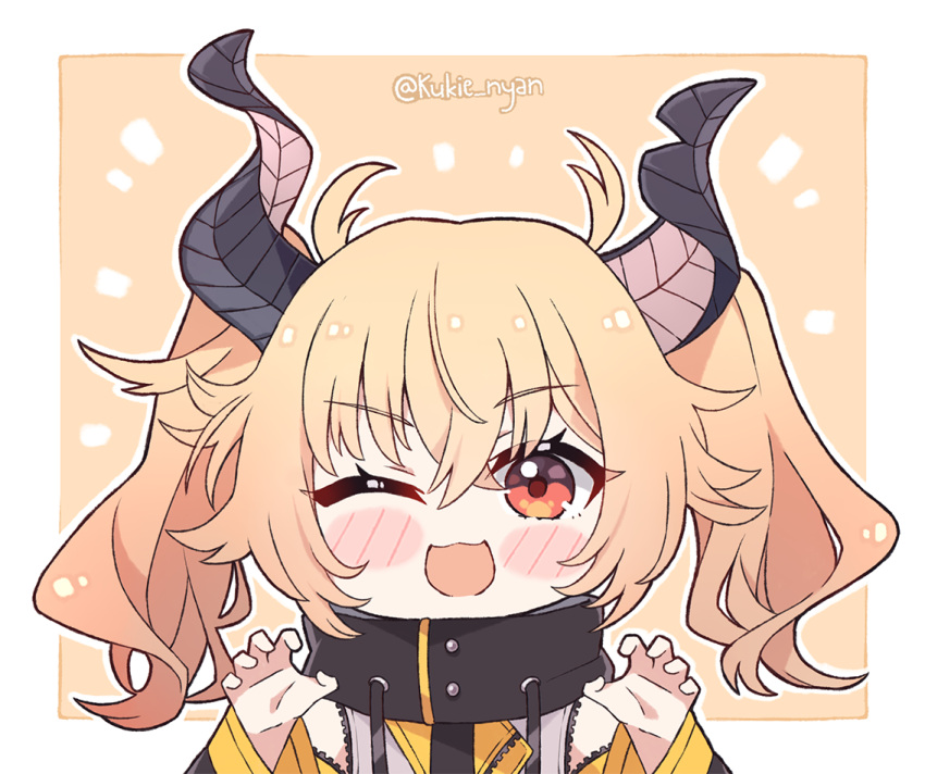 blonde_hair blush horns kagase_uno kukie-nyan one_eye_closed open_mouth twintails versen virtual_youtuber yellow_eyes