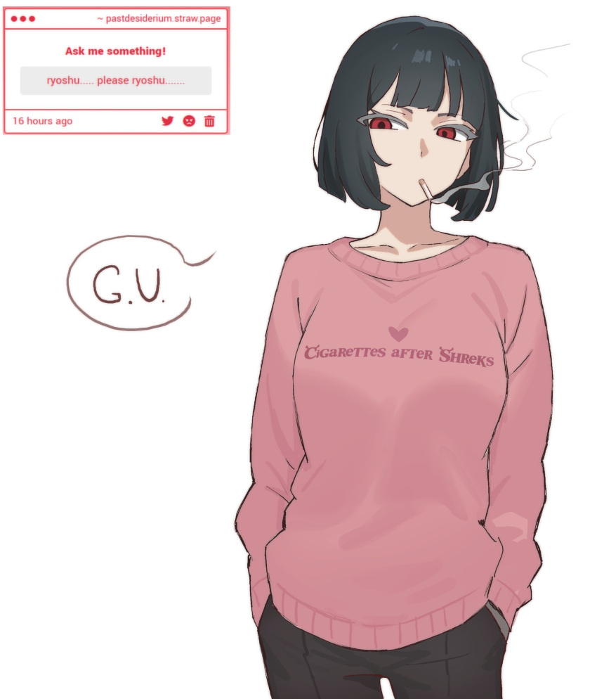 1girl alternate_costume black_hair black_pants casual cigarette english_text highres limbus_company pants past_desiderium pink_sweater project_moon red_eyes ryoshu_(project_moon) simple_background smoking solo speech_bubble sweater white_background