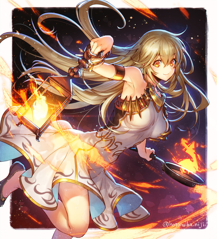 1girl ahoge aim_(megido72) armlet bare_shoulders blonde_hair blush bracelet breasts closed_mouth commentary_request dress eyebrows_visible_through_hair fire flame frying_pan gold gold_trim highres holding holding_frying_pan holding_lantern hotaruika_niji jewelry lantern long_hair looking_at_viewer medium_breasts megido72 necklace purple_footwear shoes smile solo twitter_username white_dress yellow_eyes