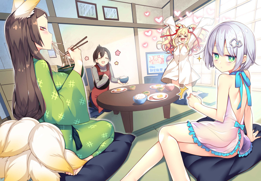 4girls :d =_= ^^^ animal_ears apron arm_support ass bangs barefoot black_hair blonde_hair blush bottomless censored chabudai_(table) character_name chopsticks cushion eating eyebrows_visible_through_hair fang food fox_ears fox_tail giuniu green_eyes hair_ornament hairclip highres holding holding_chopsticks indoors japanese_clothes jitome kimono kneeling last_boss-chan_to_no_harem_route_na_ren'ai_jijou long_hair long_sleeves looking_back mosaic_censoring multiple_girls multiple_tails naked_apron novel_illustration official_art open_mouth outstretched_arms ribbed_sweater see-through seiza short_hair silver_hair sitting skull_hair_ornament sleeves_past_fingers sleeves_past_wrists smile sparkle sweater table tail tatami television textless tray turtleneck turtleneck_sweater twintails udon wavy_hair wide_sleeves yellow_eyes yokozuwari yukata zabuton