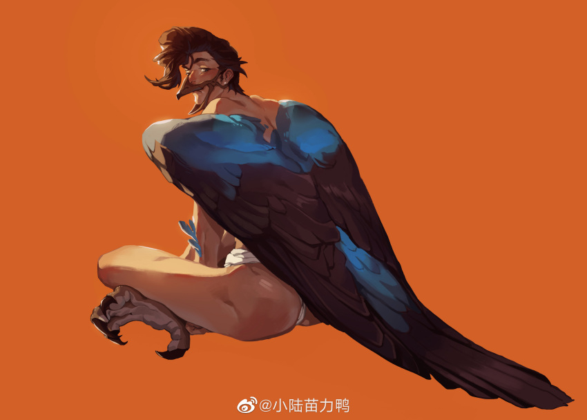 1boy ass beak bird_mask blush brown_hair crossed_legs feathered_wings feathers fundoshi harpy_boy highres japanese_clothes looking_at_viewer male_focus mask monster_boy original pompadour short_hair sideburns sitting solo talons topless_male underwear underwear_only weibo_logo weibo_username winged_arms wings xiaolumiaoliya