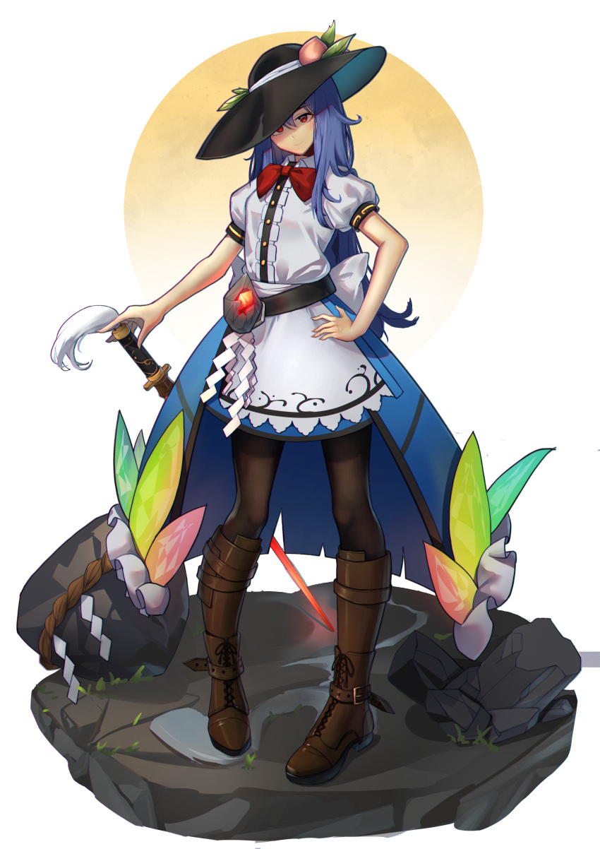 1girl :&gt; absurdres bangs belt black_belt black_headwear blue_hair blue_skirt blush boots bow bowtie brown_footwear buckle center_frills closed_mouth eyebrows_visible_through_hair food frills fruit fruit_hat_ornament full_body hand_on_hip hand_on_own_face highres hinanawi_tenshi holding holding_sword holding_weapon keystone knee_boots leaf long_hair looking_at_viewer peach peach_hat_ornament puffy_short_sleeves puffy_sleeves rainbow_order red_bow red_bowtie red_eyes rope short_sleeves simple_background skirt smile solo standing star_(symbol) sword sword_of_hisou tassel tilted_headwear touhou weapon white_background yinian