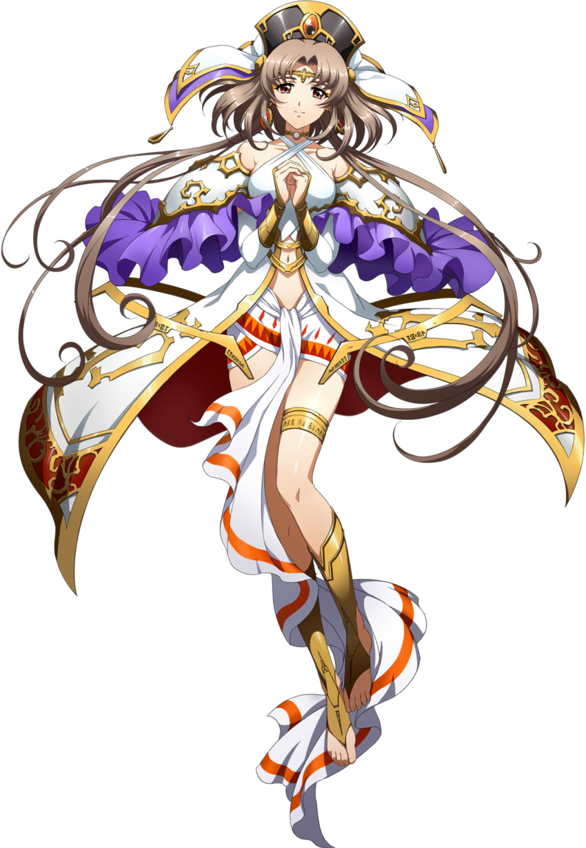 1girl brown_eyes brown_hair circlet closed_mouth collarbone criss-cross_halter detached_sleeves floating_hair full_body hair_intakes halterneck highres langrisser langrisser_mobile long_hair long_sleeves looking_at_viewer midriff navel official_art own_hands_clasped own_hands_together shiny shiny_hair solo stomach thighlet transparent_background twintails very_long_hair white_sleeves yulia_(langrisser)