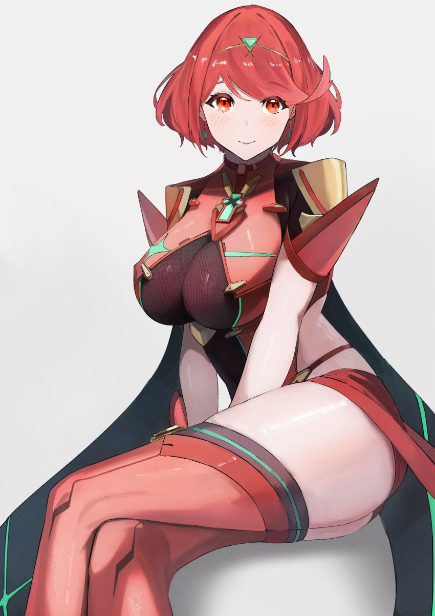 1girl absurdres bangs black_gloves breasts chest_jewel earrings fingerless_gloves gloves highres jewelry large_breasts matsukan_(dug_pile) pyra_(xenoblade) red_eyes red_legwear red_shorts redhead short_hair short_shorts shorts solo swept_bangs thigh-highs tiara xenoblade_chronicles_(series) xenoblade_chronicles_2
