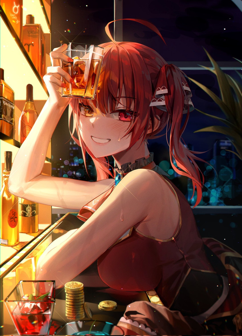 1girl ahoge alcohol bangs blush bottle coin commentary_request cup drinking_glass eyebrows_visible_through_hair fingernails hair_ribbon heterochromia highres holding holding_cup hololive houshou_marine indoors long_hair looking_at_viewer minttchocok nail_polish night night_sky parted_lips red_eyes red_nails red_ribbon redhead ribbon sky solo sweatdrop twintails virtual_youtuber yellow_eyes