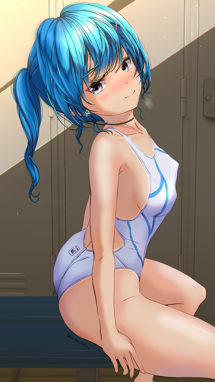 1girl aigami_kaon arched_back blue_hair breasts commentary_request competition_swimsuit cowboy_shot garter-velvet highres locker long_hair looking_at_viewer medium_breasts one-piece_swimsuit original ponytail sitting solo swimsuit white_swimsuit