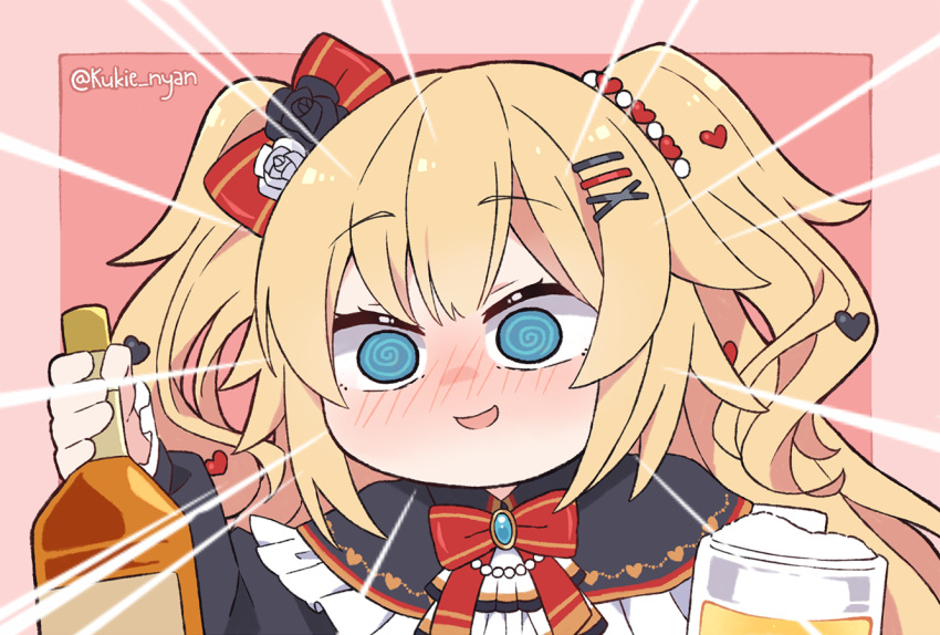 1girl akai_haato alcohol blonde_hair blue_eyes blush hair_ornament heart heart_hair_ornament hololive kukie-nyan long_hair looking_at_viewer solo twintails virtual_youtuber whiskey