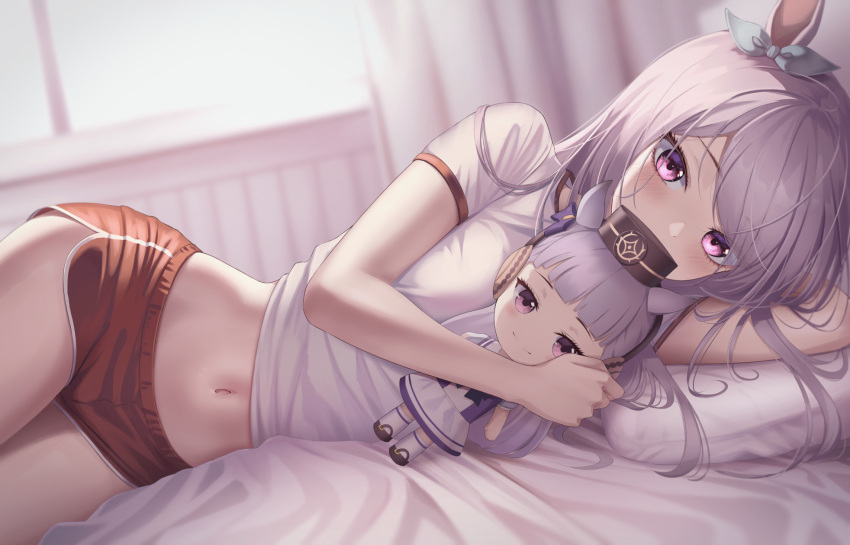 1girl animal_ears bed_sheet character_doll covering_mouth crop_top dolphin_shorts gold_ship_(umamusume) gym_uniform hair_ribbon highres horse_ears lying marinesnow mejiro_mcqueen_(umamusume) midriff navel on_bed on_side pillow pink_eyes red_shorts ribbon shirt short_shorts short_sleeves shorts solo stomach thighs umamusume white_hair white_shirt
