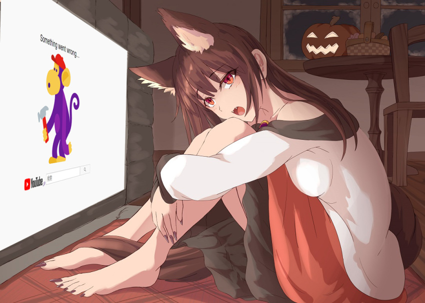 1girl :o animal_ear_fluff animal_ears bangs bare_shoulders barefoot basket blush breast_press breasts brown_hair commentary_request cup dress extra_ears fangs feet fingernails halloween hugging_own_legs imaizumi_kagerou jack-o'-lantern kagami_toufu large_breasts long_fingernails long_hair mug nail_polish off-shoulder_dress off_shoulder open_mouth pot red_eyes red_nails sharp_fingernails sharp_toenails sidelocks sitting solo table tail toenail_polish toenails toes touhou window wolf_ears wolf_tail youtube youtube_logo