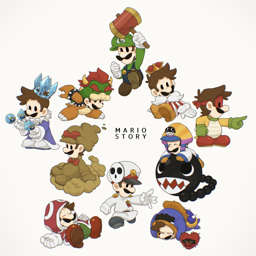 blue_overalls bowser bowser_(cosplay) brown_hair chain_chomp cosplay crown crystal_king facial_hair gloves green_shirt hat highres luigi mimimi_(mimimim9999) multiple_persona mustache overalls paper_mario paper_mario_64 shirt short_hair super_mario_bros. tubba's_heart tubba_blubba tubba_blubba_(cosplay) white_gloves