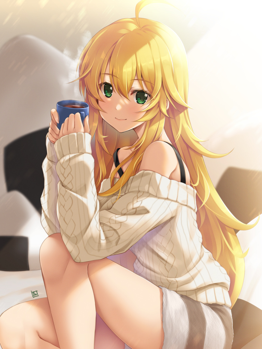 1girl absurdres ahoge bangs bare_legs bare_shoulders blonde_hair blush bra_strap closed_mouth coffee coffee_mug commentary_request cup eyebrows_visible_through_hair feet_out_of_frame food from_side green_eyes grey_sweater hair_between_eyes highres holding holding_cup hoshii_miki idolmaster idolmaster_(classic) kamishiro_mai_(capti-no) long_hair long_sleeves looking_at_viewer looking_to_the_side mug off-shoulder_sweater off_shoulder onigiri pillow shorts signature sitting sleeves_past_wrists smile solo steam striped striped_shorts sweater very_long_hair