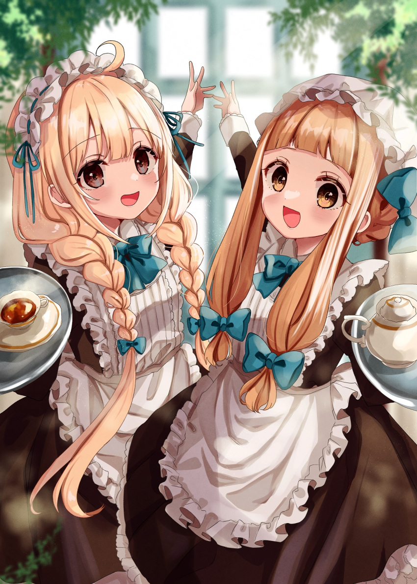 2girls :d ahoge alternate_costume apron bangs black_dress blonde_hair blue_bow blurry blurry_background bow braid brown_eyes collared_shirt commentary_request cup depth_of_field dress enmaided eyebrows_visible_through_hair frilled_apron frills futaba_anzu hair_over_shoulder hat highres holding holding_tray ichihara_nina idolmaster idolmaster_cinderella_girls idolmaster_cinderella_girls_starlight_stage indoors juliet_sleeves long_hair long_sleeves looking_at_viewer maid mob_cap multiple_girls puffy_sleeves rino_cnc saucer shirt smile teacup teapot tray twin_braids very_long_hair waist_apron white_apron white_headwear white_shirt window