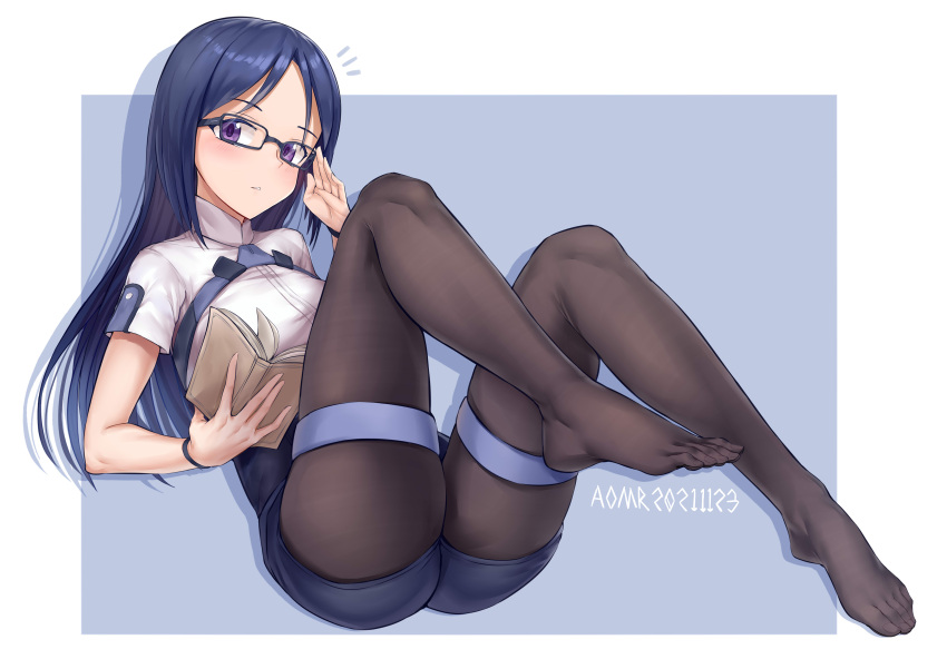 1girl absurdres adjusting_eyewear alice_gear_aegis aomoro artist_name bangs blue_hair blue_shorts blush book brown_legwear commentary dated dated_commentary eyebrows_visible_through_hair feet full_body glasses highres holding holding_book long_hair looking_at_viewer momoshina_fumika no_shoes notice_lines open_book pantyhose parted_bangs parted_lips shirt short_sleeves shorts simple_background solo thigh_strap toes violet_eyes white_shirt