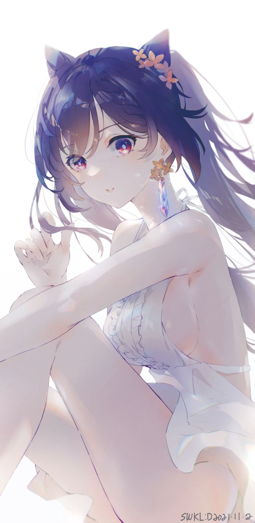 1girl absurdres bangs bare_legs bare_shoulders breasts earrings eyebrows_visible_through_hair feet_out_of_frame genshin_impact hair_ornament highres jewelry keqing_(genshin_impact) looking_at_viewer parted_lips swkl:d violet_eyes