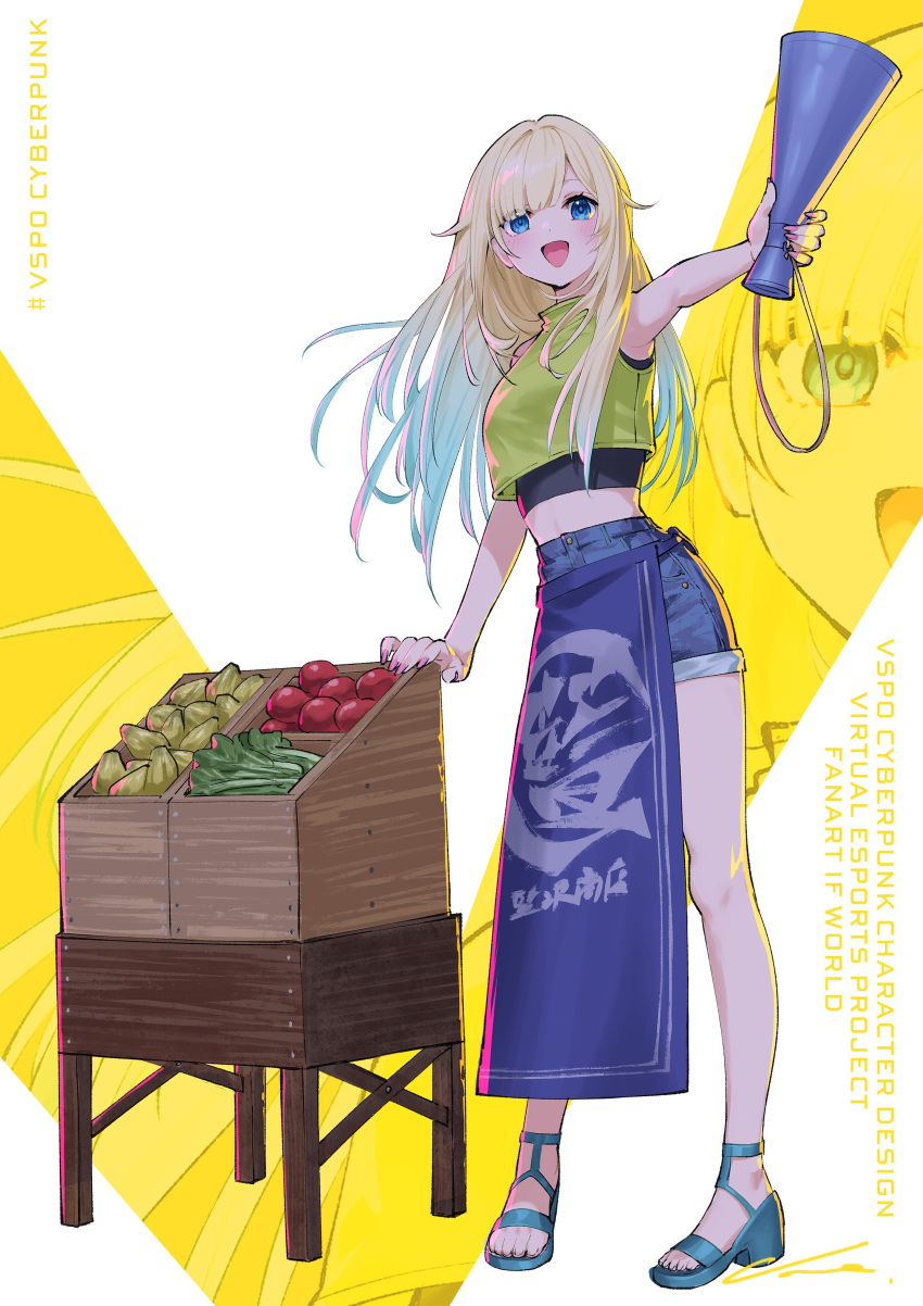 1girl absurdres aizawa_ema alternate_costume apron blonde_hair blue_footwear blue_hair crop_top denim denim_shorts food fruit funnel gradient_hair highres midriff multicolored_hair nail_polish nemoto_yuuma open_mouth pink_nails sandals shirt shorts sleeveless sleeveless_shirt table vegetable virtual_youtuber vspo! waist_apron wooden_box wooden_table