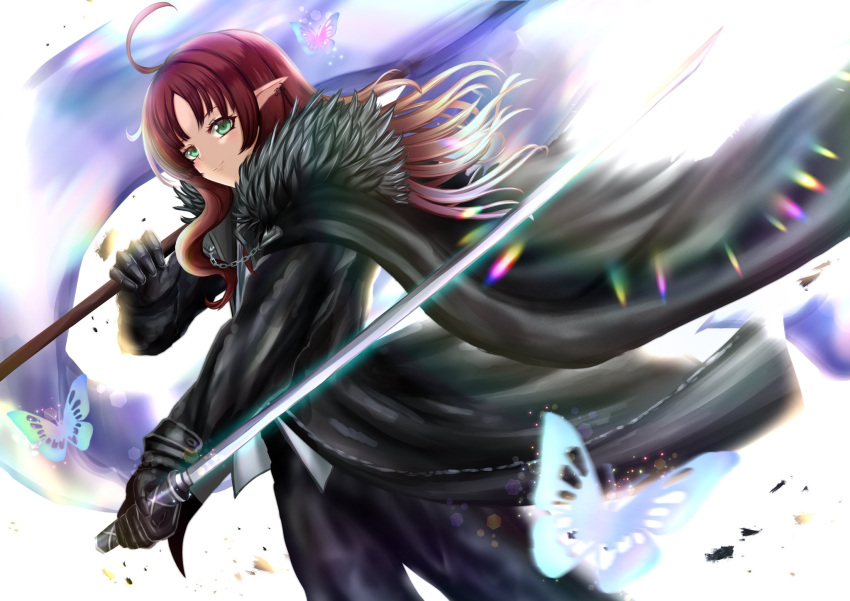 1girl ahoge arknights black_cape black_coat black_gloves black_pants bug butterfly cape closed_mouth coat cosplay flag gloves green_eyes highres holding holding_flag holding_sword holding_weapon long_hair looking_at_viewer myrtle_(arknights) pants pointy_ears poni_(poni_arknights) redhead silverash_(arknights) silverash_(arknights)_(cosplay) smile solo sword weapon white_flag