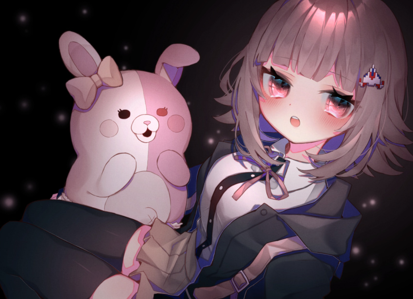 1girl bangs black_background black_jacket black_legwear blush breasts brown_skirt collared_shirt commentary danganronpa_(series) danganronpa_2:_goodbye_despair dress_shirt eringikinono eyebrows_visible_through_hair flipped_hair galaga hair_ornament jacket looking_at_viewer monomi_(danganronpa) nanami_chiaki neck_ribbon open_clothes open_jacket pink_eyes pink_hair pink_ribbon ribbon shirt shirt_tucked_in skirt spaceship_hair_ornament thigh-highs white_shirt wing_collar zettai_ryouiki