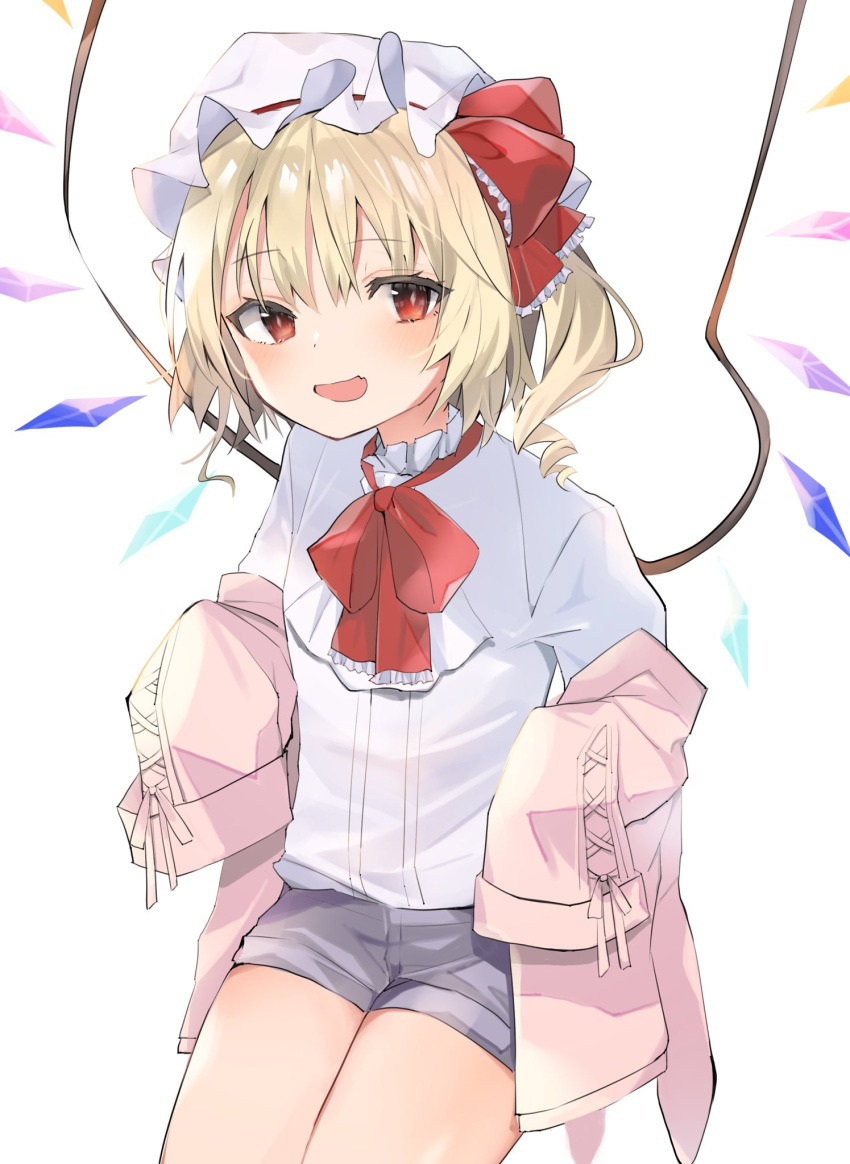 1girl :d alternate_costume bangs blonde_hair blush bow bowtie closed_mouth commentary_request crystal denim denim_shorts eyebrows_visible_through_hair eyelashes fang flandre_scarlet hat hat_bow hat_ribbon highres hiiro60 jacket looking_at_viewer mob_cap one_side_up open_mouth pink_jacket red_bow red_bowtie red_eyes red_neckwear red_ribbon ribbon shiny shiny_hair shirt short_hair short_shorts shorts side_ponytail simple_background skin_fang sleeves_past_fingers sleeves_past_wrists smile solo standing thighs white_background white_shirt wings