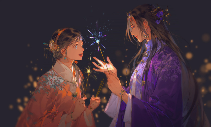 2girls black_background black_hair bracelet butterfly_earrings chinese_clothes chinese_hairpin earrings fireworks hanfu holding holding_fireworks ibuki_satsuki jewelry long_hair multiple_girls original sparkler upper_body very_long_hair wide_sleeves