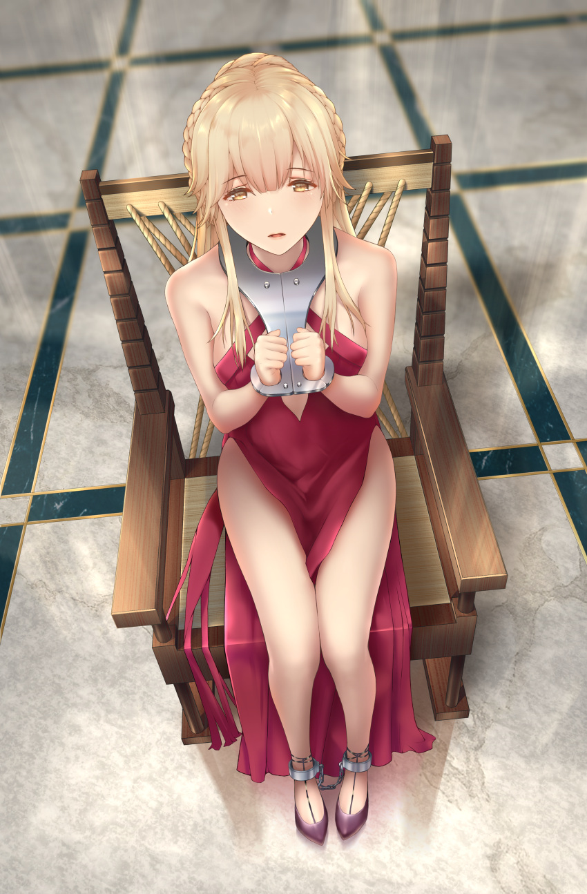 1girl absurdres angry_fish bangs bare_shoulders bdsm blonde_hair blush bondage bound braid breasts dress eyebrows_visible_through_hair floor full_body girls_frontline hair_ornament high_heels highres legs long_hair looking_at_viewer open_mouth ots-14_(girls'_frontline) red_dress red_footwear restrained simple_background sitting solo thighs wrist_cuffs yellow_eyes