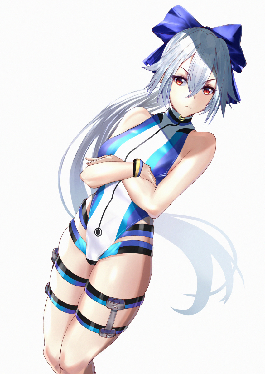 1girl absurdres bangs bare_shoulders blue_bow blue_swimsuit bow breasts crossed_arms fate/grand_order fate_(series) gamerfc13 hair_between_eyes hair_bow highleg highleg_swimsuit highres large_breasts long_hair looking_at_viewer one-piece_swimsuit ponytail red_eyes silver_hair solo swimsuit thigh_strap thighs tomoe_gozen_(fate) tomoe_gozen_(swimsuit_saber)_(fate) two-tone_swimsuit white_swimsuit