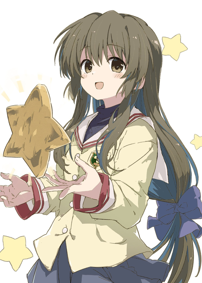 1girl beige_jacket blue_skirt brown_eyes brown_hair clannad commentary_request commission cowboy_shot highres hikarizaka_private_high_school_uniform ibuki_fuuko long_hair rauto sailor_collar school_uniform skirt solo starfish white_background white_sailor_collar