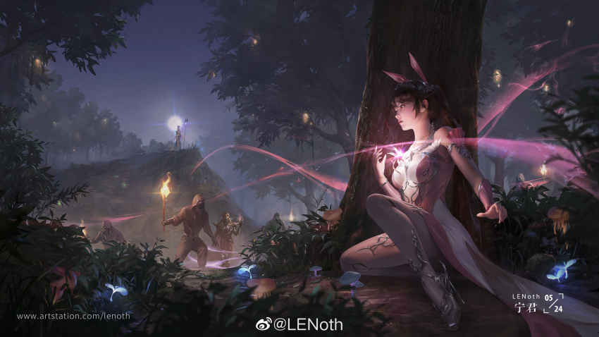 absurdres animal_ears bibi_dong_(douluo_dalu) douluo_dalu dress henchmen hiding high_heels highres light mushroom night pink_dress ponytail rabbit_ears torch tree weibo_id weibo_logo xiao_wu_(douluo_dalu)