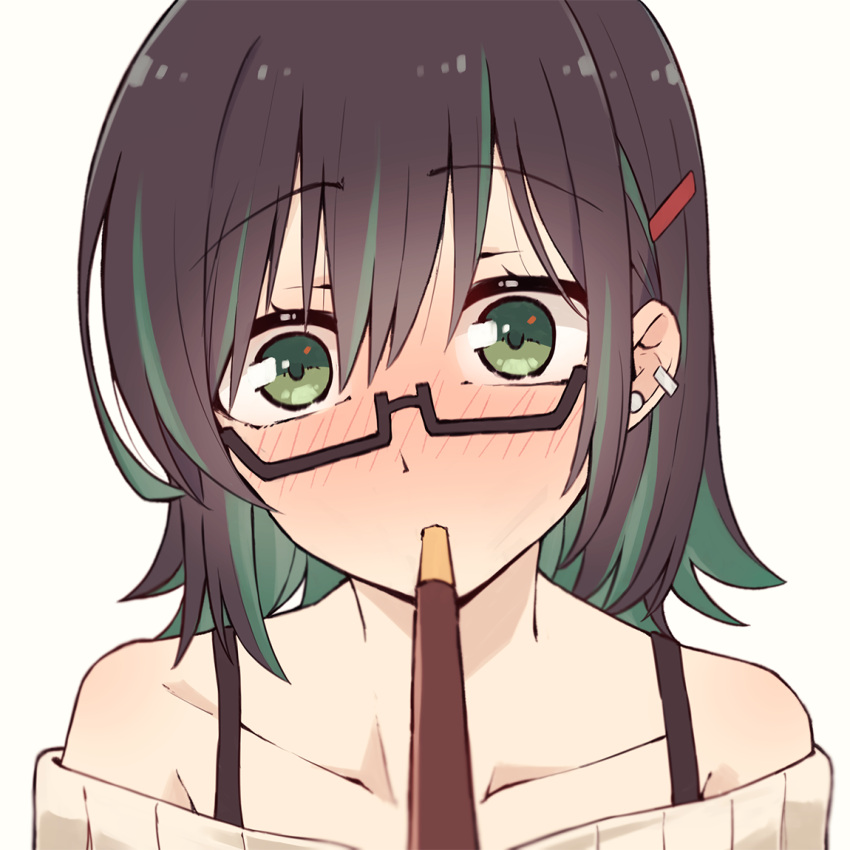 black_hair blush colored_inner_hair earrings food food_in_mouth glasses green_eyes green_hair hair_ornament hairclip holding holding_food holding_pocky incoming_pocky_kiss jewelry kukie-nyan mouth_hold multicolored_hair original pocky pocky_day pocky_kiss two-tone_hair